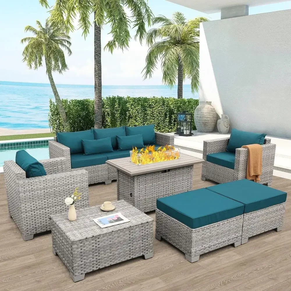 Outdoor Furniture Fire Table - 6-Piece Grey Wicker Outdoor Patio Furniture