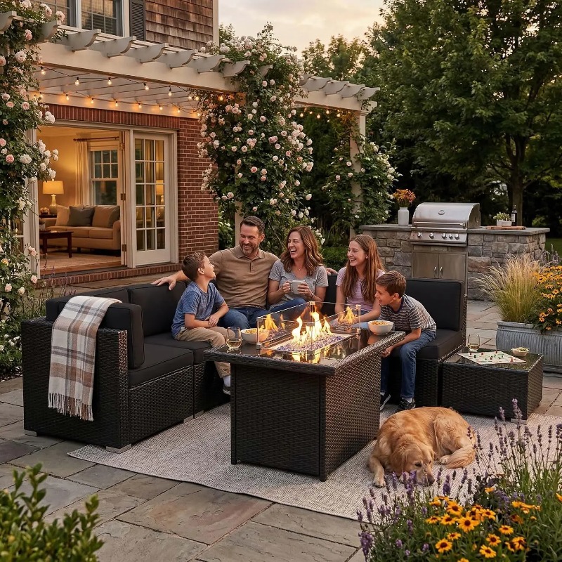 8-Piece Patio Wicker Sectional - Outdoor Furniture Fire Table ulasan dan harga