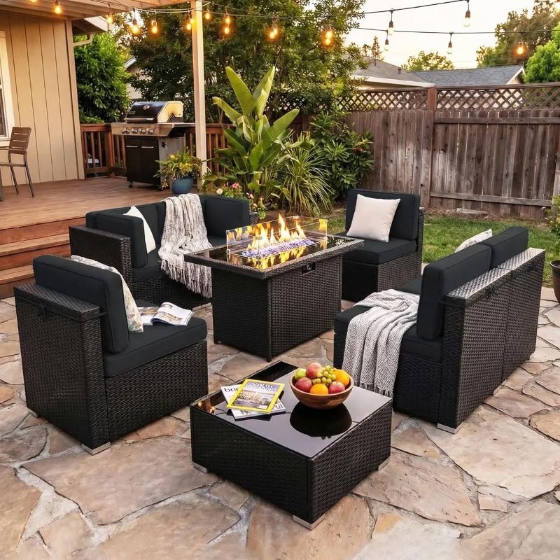 8-Piece Patio Wicker Sectional - Outdoor Furniture Fire Table ulasan dan harga