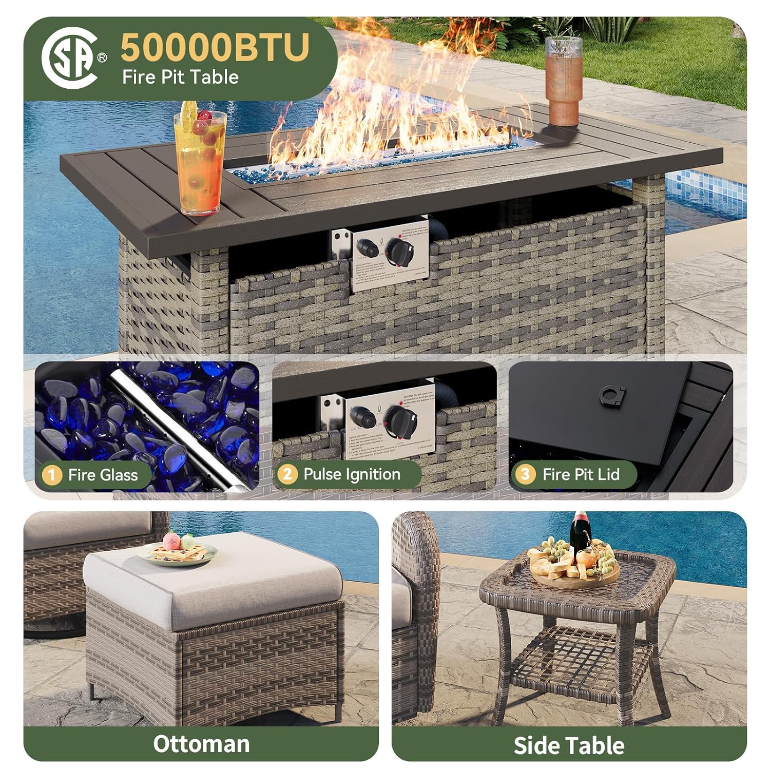 7-Piece Wicker Patio Set with  - Outdoor Furniture Fire Table ulasan dan harga